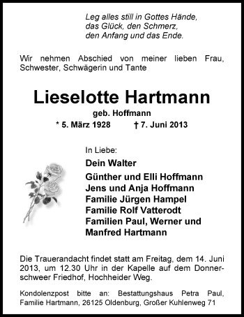 Traueranzeige von Lieselotte Hartmann von Nordwest-Zeitung