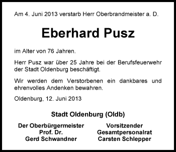 Traueranzeige von Eberhard Pusz von Nordwest-Zeitung
