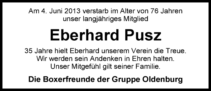  Traueranzeige für Eberhard Pusz vom 12.06.2013 aus Nordwest-Zeitung