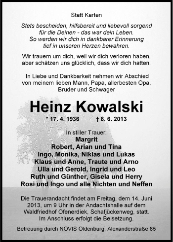 Traueranzeige von Heinz Kowalski von Nordwest-Zeitung