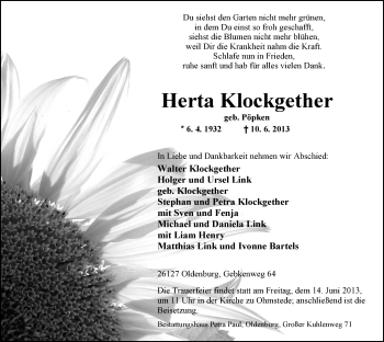 Traueranzeige von Herta Klockgether von Nordwest-Zeitung