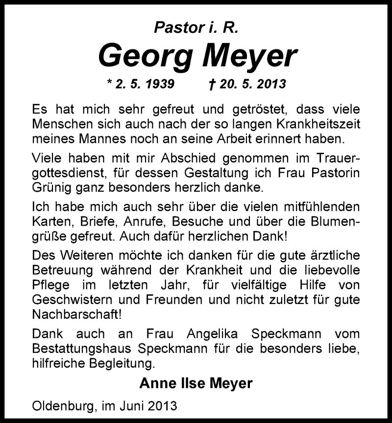  Traueranzeige für Georg Meyer vom 12.06.2013 aus Nordwest-Zeitung