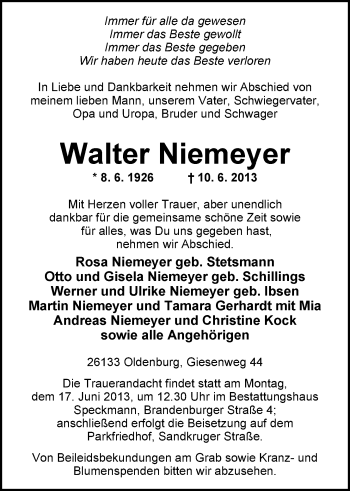 Traueranzeige von Walter Niemeyer von Nordwest-Zeitung