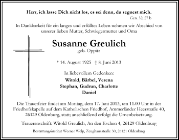 Traueranzeige von Susanne Greulich von Nordwest-Zeitung