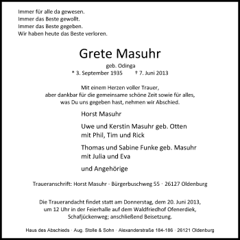 Traueranzeige von Grete Masuhr von Nordwest-Zeitung