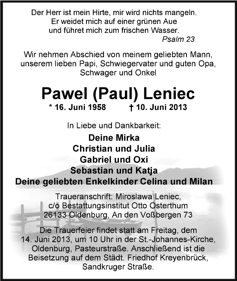  Traueranzeige für Pawel Leniec vom 13.06.2013 aus Nordwest-Zeitung
