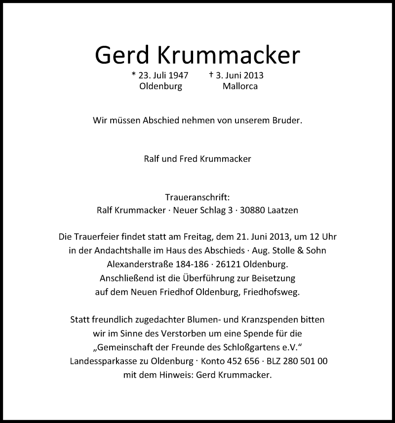  Traueranzeige für Gerd Krummacker vom 13.06.2013 aus Nordwest-Zeitung