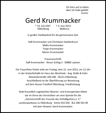 Traueranzeige von Gerd Krummacker von Nordwest-Zeitung