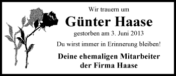 Traueranzeige von Günter Haase von Nordwest-Zeitung