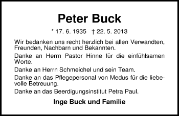 Traueranzeige von Peter Buck von Nordwest-Zeitung