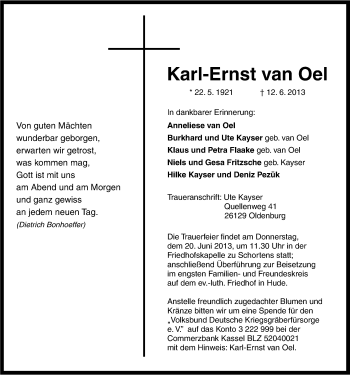 Traueranzeige von Karl-Ernst van Oel von Nordwest-Zeitung
