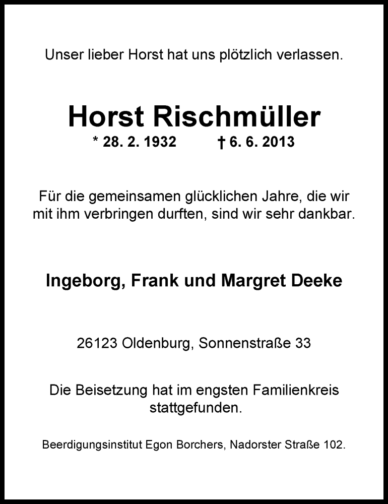  Traueranzeige für Horst Rischmüller vom 15.06.2013 aus Nordwest-Zeitung
