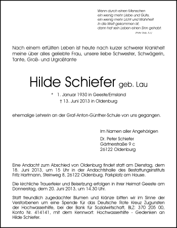 Traueranzeige von Hilde Schiefer von Nordwest-Zeitung