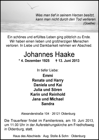Traueranzeige von Johannes Haake von Nordwest-Zeitung