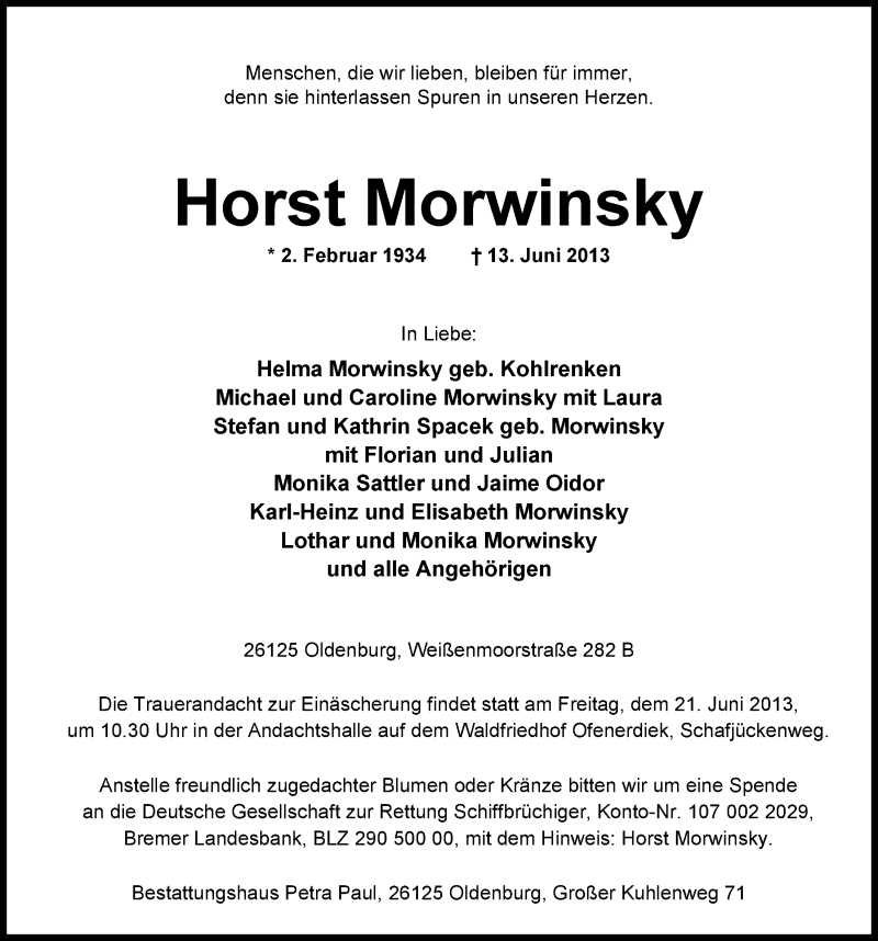  Traueranzeige für Horst Morwinsky vom 17.06.2013 aus Nordwest-Zeitung