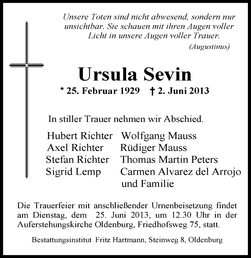  Traueranzeige für Ursula Sevin vom 22.06.2013 aus Nordwest-Zeitung