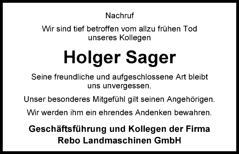  Traueranzeige für Holger Sager vom 31.01.2015 aus Nordwest-Zeitung