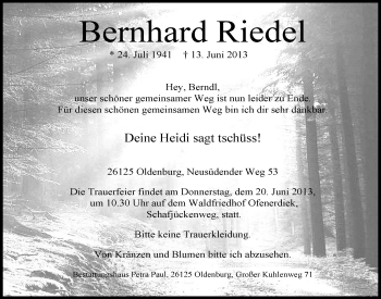 Traueranzeige von Bernhard Riedel von Nordwest-Zeitung