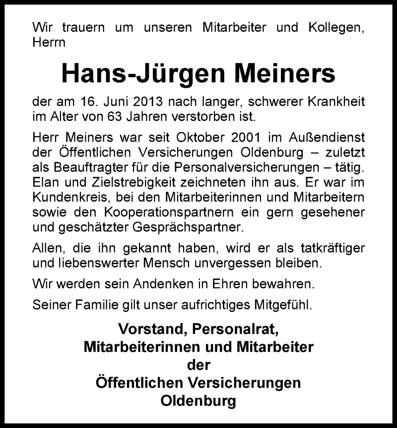  Traueranzeige für Hans-Jürgen Meiners vom 20.06.2013 aus Nordwest-Zeitung