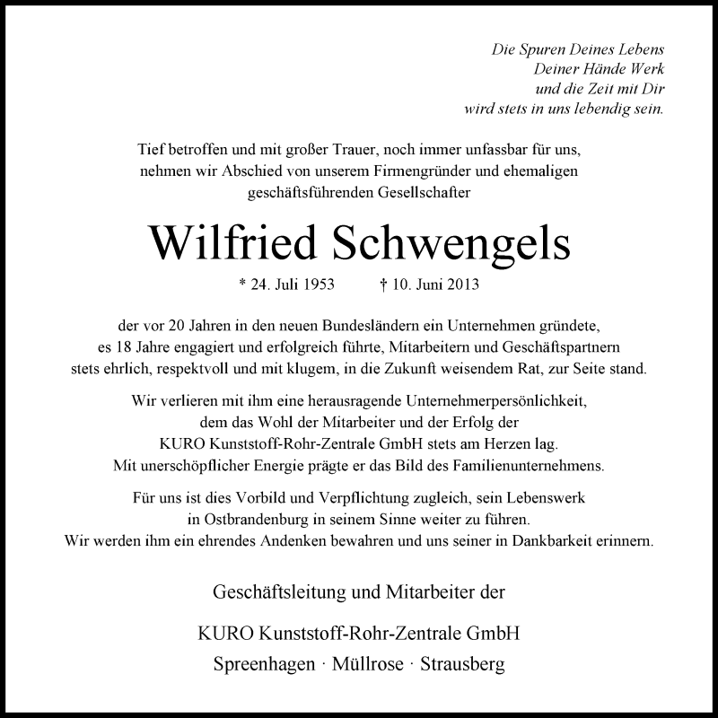  Traueranzeige für Wilfried Schwengels vom 19.06.2013 aus Nordwest-Zeitung