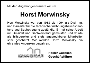 Traueranzeige von Horst Morwinsky von Nordwest-Zeitung