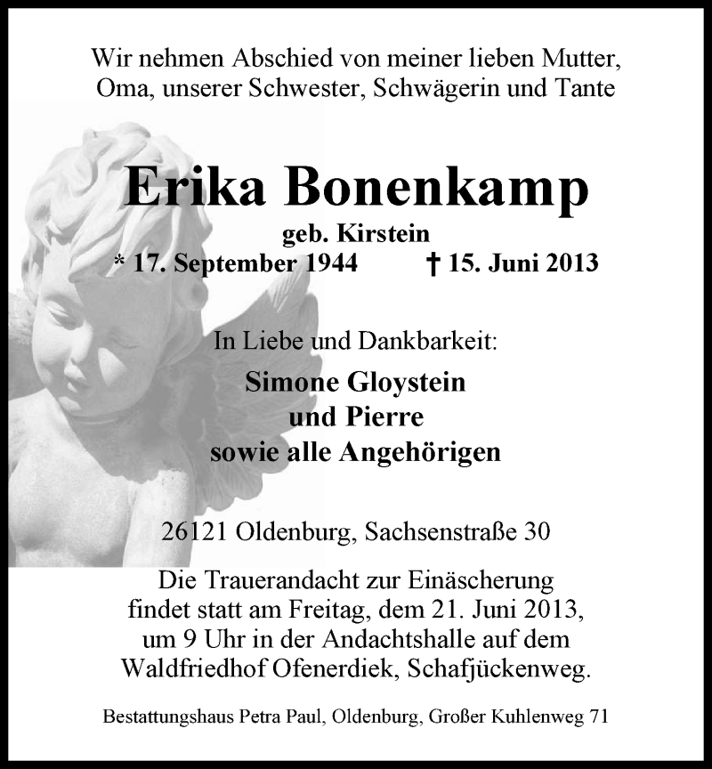  Traueranzeige für Erika Bonenkamp vom 19.06.2013 aus Nordwest-Zeitung