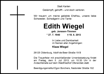 Traueranzeige von Edith Wiegel von Nordwest-Zeitung