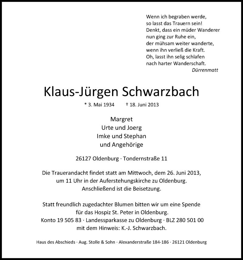  Traueranzeige für Klaus-Jürgen Schwarzbach vom 21.06.2013 aus Nordwest-Zeitung