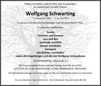 Traueranzeige von Wolfgang Schwarting von Nordwest-Zeitung
