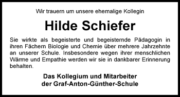 Traueranzeige von Hilde Schiefer von Nordwest-Zeitung