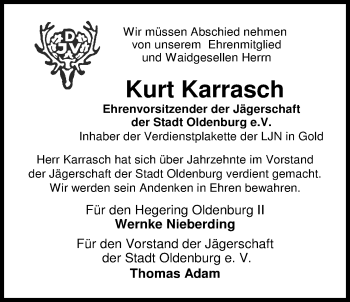 Traueranzeige von Kurt Karrasch von Nordwest-Zeitung
