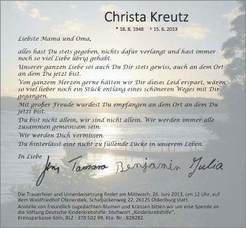 Traueranzeige von Christa Kreutz von Nordwest-Zeitung