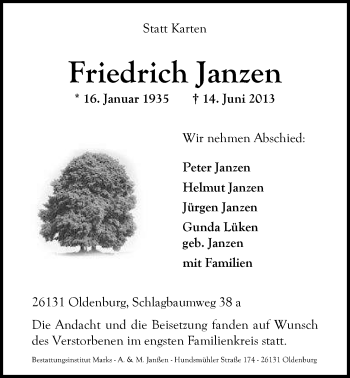 Traueranzeige von Friedrich Janzen von Nordwest-Zeitung