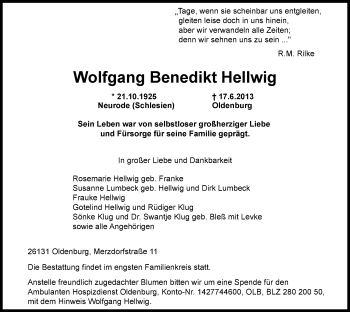 Traueranzeige von Wolfgang Benedikt Hellwig von Nordwest-Zeitung