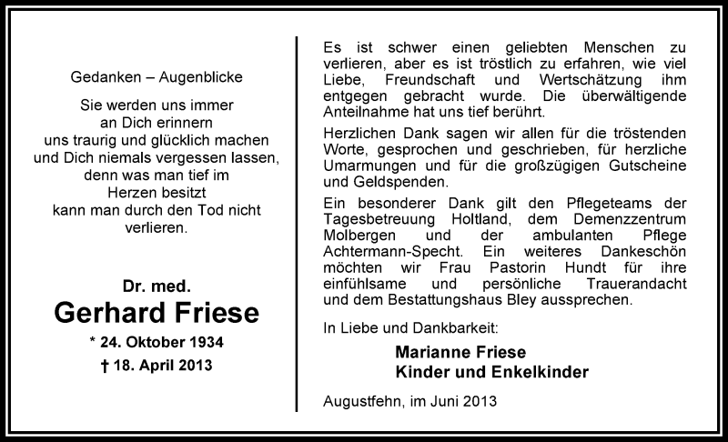  Traueranzeige für Gerhard Friese vom 22.06.2013 aus Nordwest-Zeitung