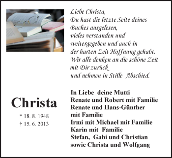 Traueranzeige von Christa Kreutz von Nordwest-Zeitung