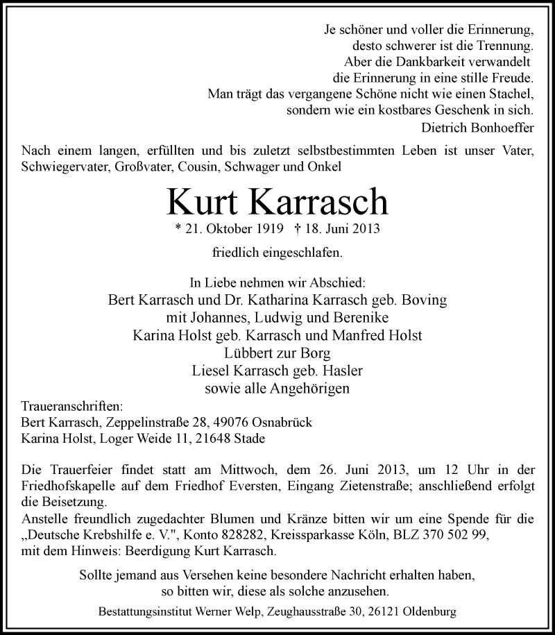  Traueranzeige für Kurt Karrasch vom 22.06.2013 aus Nordwest-Zeitung