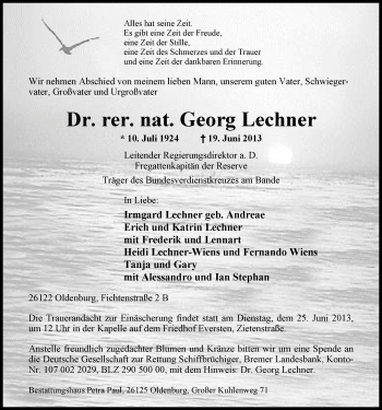Traueranzeige von Georg Lechner von Nordwest-Zeitung