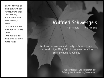 Traueranzeige von Wilfried Schwengels von Nordwest-Zeitung