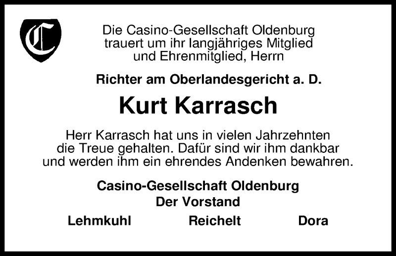  Traueranzeige für Kurt Karrasch vom 22.06.2013 aus Nordwest-Zeitung