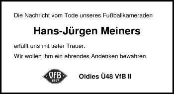 Traueranzeige von Hans-Jürgen Meiners von Nordwest-Zeitung