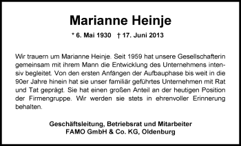 Traueranzeige von Marianne Heinje von Nordwest-Zeitung