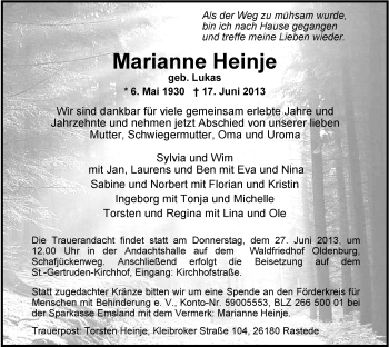 Traueranzeige von Marianne Heinje von Nordwest-Zeitung