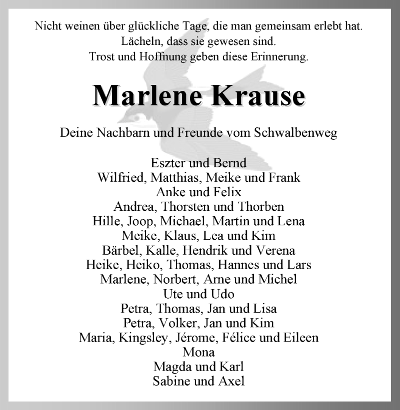  Traueranzeige für Marlene Krause vom 22.06.2013 aus Nordwest-Zeitung