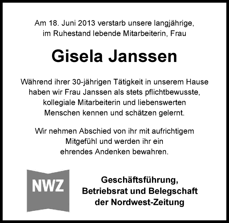  Traueranzeige für Gisela Janssen vom 27.06.2013 aus Nordwest-Zeitung