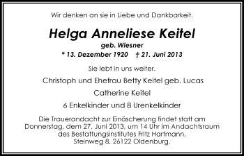 Traueranzeige von Helga Anneliese Keitel von Nordwest-Zeitung