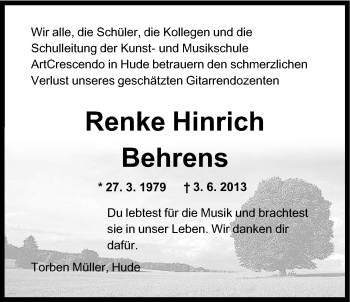 Traueranzeige von Renke Hinrich Behrens von Nordwest-Zeitung