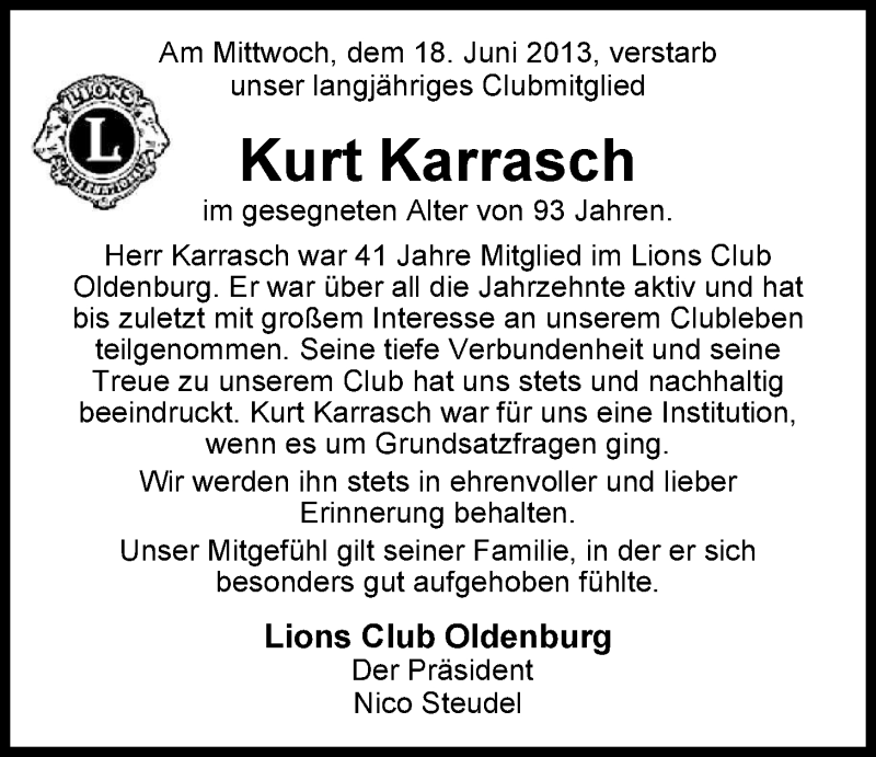  Traueranzeige für Kurt Karrasch vom 24.06.2013 aus Nordwest-Zeitung