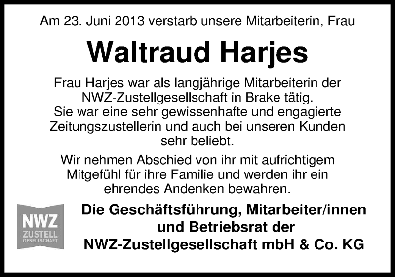  Traueranzeige für Waltraud Harjes vom 25.06.2013 aus Nordwest-Zeitung