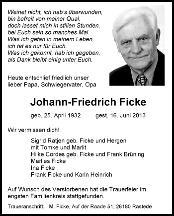 Traueranzeige von Johann-Friedrich Ficke von Nordwest-Zeitung
